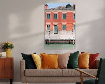 Burano | Coral and green house at the canal in Venice Italy travel photography art print by Milou van Ham