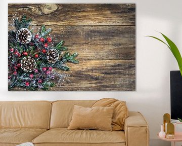 Natural Christmas background with pine cones, red berries and green fir tree branches by Alex Winter