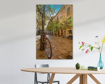 Bicycle on lantern at alley street in the old town of Palma de Majorca by Alex Winter