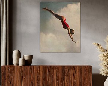 Retro Style Painting Of A Woman Diving Into The Cloud by Jan Keteleer