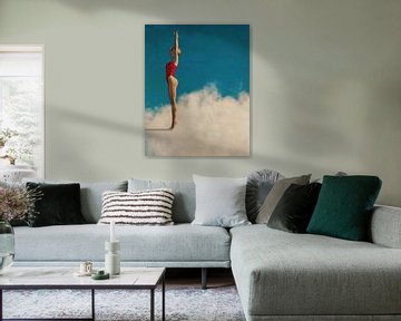Peinture d'une femme prête à plonger dans les nuages