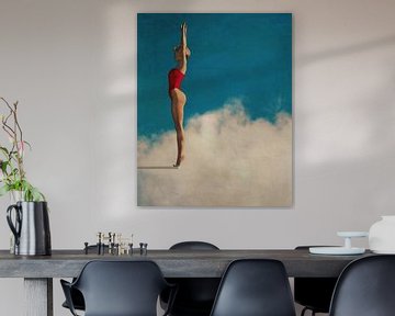 Painting of a woman ready to dive into the clouds by Jan Keteleer