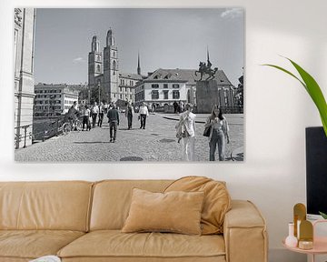 Zurich - Pont Minster et église Grossmünster (noir et blanc) sur t.ART