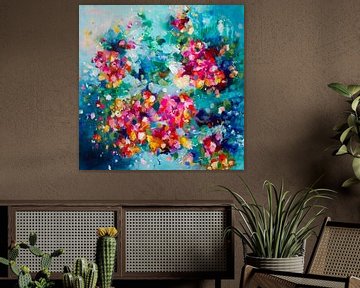 Showers of flowers - impressionistisch bloemenschilderij met blauwe achtergrond van Qeimoy