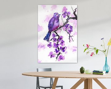 Paarse vogel en paarse bloemen van Sebastian Grafmann