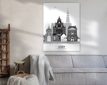 Skyline illustration city Leiden black-white-grey by Mevrouw Emmer