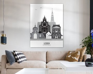 Skyline illustratie stad Leiden zwart-wit-grijs van Mevrouw Emmer