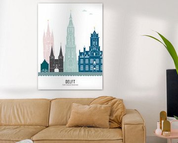 Skyline-Illustration der Stadt Delft in Farbe von Mevrouw Emmer