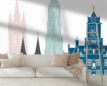 Skyline-Illustration der Stadt Delft in Farbe von Mevrouw Emmer