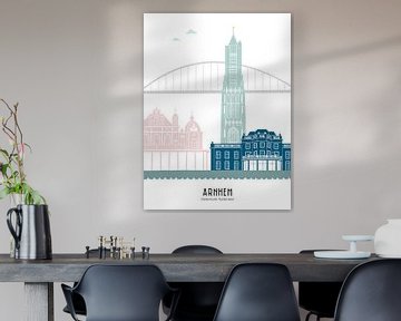 Skyline illustration city Arnhem in color by Mevrouw Emmer