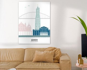 Illustration de la skyline de la ville d'Arnhem en couleur sur Mevrouw Emmer
