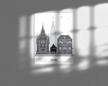 Skyline Illustration Stadt Gouda schwarz-weiß-grau von Mevrouw Emmer