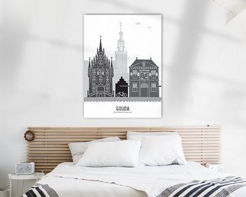 Skyline illustratie stad Gouda zwart-wit-grijs van Mevrouw Emmer