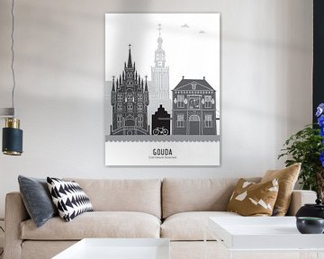 Skyline illustratie stad Gouda zwart-wit-grijs van Mevrouw Emmer