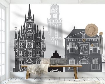 Skyline Illustration Stadt Gouda schwarz-weiß-grau von Mevrouw Emmer