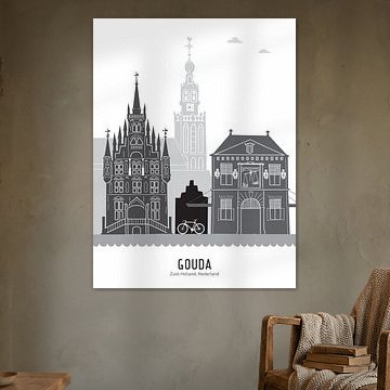 Illustration de la ligne d'horizon de la ville de Gouda noir-blanc-gris sur Mevrouw Emmer
