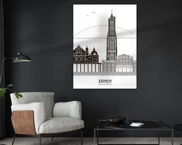 Skyline illustratie stad Arnhem zwart-wit-grijs van Mevrouw Emmer