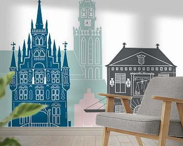 Skyline-Illustration der Stadt Gouda in Farbe von Mevrouw Emmer