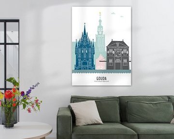 Skyline illustratie stad Gouda in kleur van Mevrouw Emmer