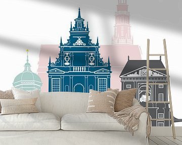 Skyline illustratie stad Leiden in kleur van Mevrouw Emmer