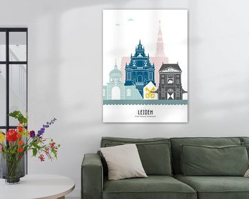 Skyline illustratie stad Leiden in kleur van Mevrouw Emmer
