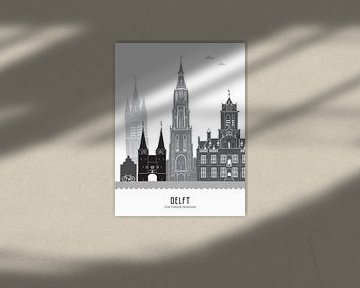 Skyline Illustration Stadt Delft schwarz-weiß-grau von Mevrouw Emmer