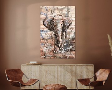 Elefant gemischtes Medienkunstwerk in Erdtönen von Emiel de Lange