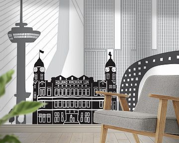 Skyline illustration city Rotterdam | Sparta | Castle black-white-grey by Mevrouw Emmer