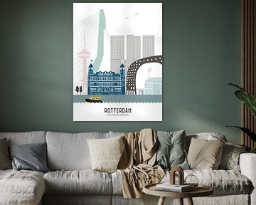 Skyline illustration city Rotterdam | Feijenoord | Kuip in color by Mevrouw Emmer