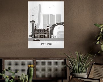 Illustration de la ligne d'horizon de la ville de Rotterdam | Feijenoord | Kuip noir-blanc-gris sur Mevrouw Emmer