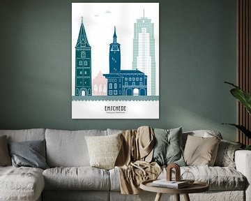 Skyline illustration city of Enschede in color by Mevrouw Emmer