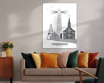 Skyline illustratie waddeneiland Schiermonnikoog zwart-wit-grijs van Mevrouw Emmer