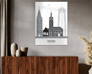 Skyline illustratie stad Enschede zwart-wit-grijs van Mevrouw Emmer