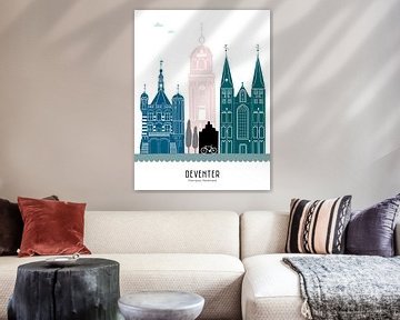 Skyline illustratie stad Deventer in kleur van Mevrouw Emmer