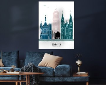 Skyline illustratie stad Deventer in kleur van Mevrouw Emmer