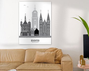 Skyline illustratie stad Deventer zwart-wit-grijs van Mevrouw Emmer