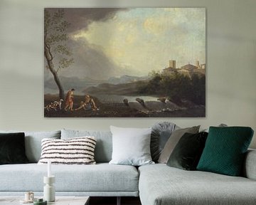 Een denkbeeldig Italianiserend landschap met klassieke figuren en een waterval, Thomas Jones