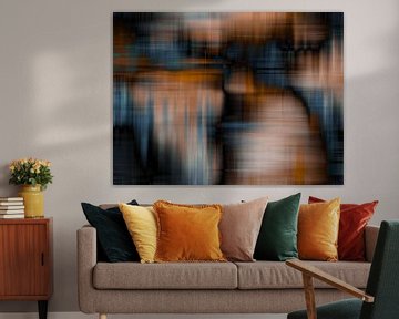 Œuvre d'art numérique moderne et abstraite en orange, bleu et noir sur Art By Dominic