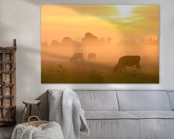 Kühe auf der Weide im Nebel von Ron Buist