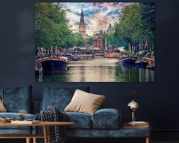 De stad Amsterdam bij zonsondergang van Manjik Pictures
