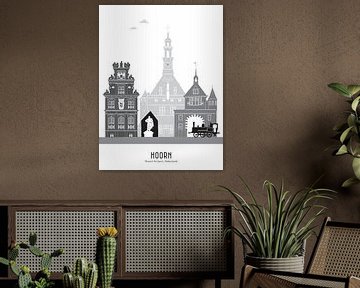 Skyline illustratie stad Hoorn zwart-wit-grijs van Mevrouw Emmer