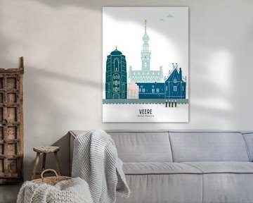 Skyline illustratie stad Veere in kleur van Mevrouw Emmer