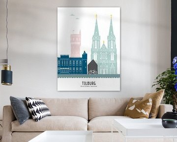 Illustration de la skyline de la ville de Tilburg en couleur sur Mevrouw Emmer