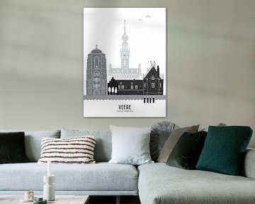 Skyline illustratie stad Veere zwart-wit-grijs van Mevrouw Emmer