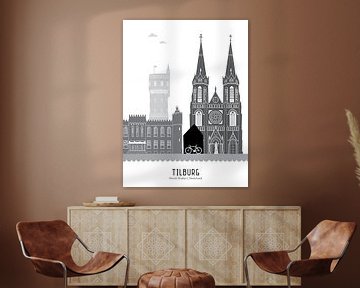 Skyline illustration city Tilburg black-white-grey by Mevrouw Emmer