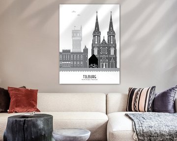 Skyline illustratie stad Tilburg zwart-wit-grijs van Mevrouw Emmer