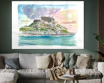 Blick auf den Mont Orgueil und den Hafen von Gorey Jersey Kanalinseln Bailiwick