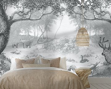 Forest with forest animals in mono shade of vintage blue by Studio POPPY