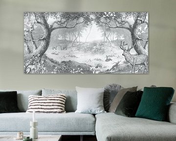 Forêt avec animaux de la forêt en mono couleur bleu vintage sur Studio POPPY