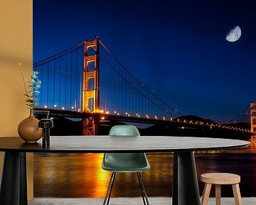 Golden Gate Bridge in San Francisco at night with moon by Dieter Walther